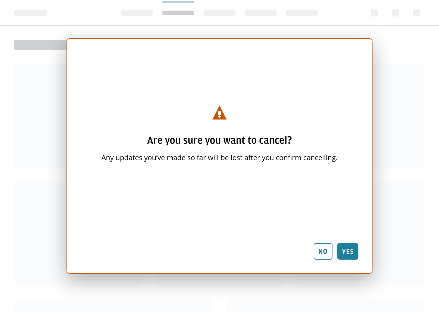 Modal wizard displaying warning message to confirm cancel action